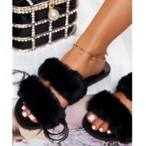 Black Faux Fur Double Band Slides